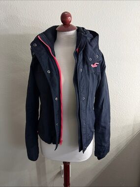 Hollister Navy Hooded Puffer Jacket with Pink Accents